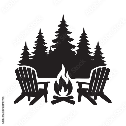 Cozy campfire scene with adirondack chairs and silhouette of pine trees in the background
