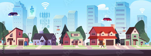 Futuristic smart city vector flat illustration, cityscape with skyscrapers and flying cars, robots and quadcopter drone