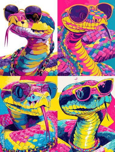 Colorful pop art illustration of snakes wearing sunglasses, blending reptile wildlife with bold artistic creativity and trendy modern design.