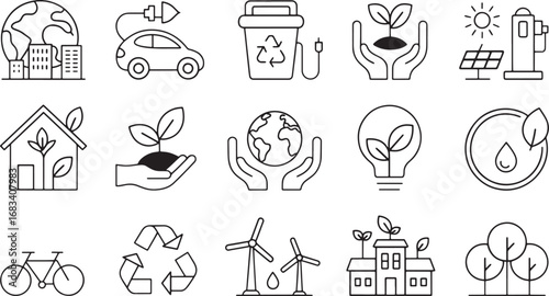 Ecology & Environmental Protection Icons | Vector, Renewable Energy, Green, Planet, Earth, Recycling, Wind, Solar, Car, Tree, Bike