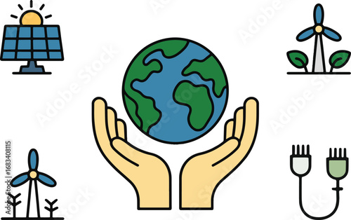 Ecology & Renewable Energy Vector Icons | Save the Planet, Earth, Solar Panel, Wind Turbine, Electric Plugs, Environment, Sustainability, Nature, Eco-Friendly