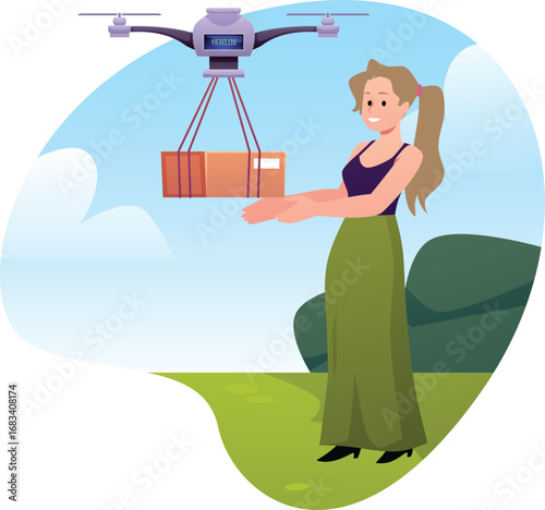Robotic quadcopter delivers post package to the woman on nature landscape, vector flat drone smart transportation