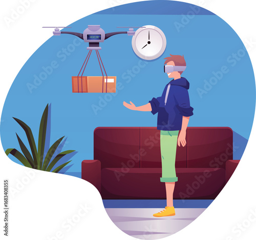 Robotic quadcopter delivers post package to man in virtual reality glasses, vector robot drone smart technology in room