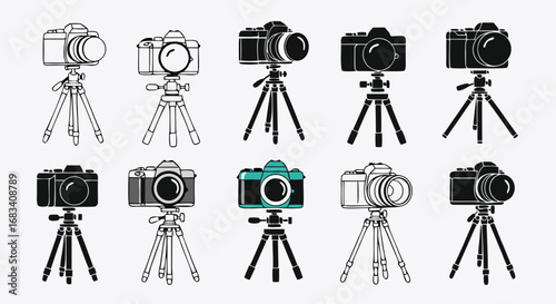 Vector SVG Icon Set of Camera Illustrations in Flat Modern Style with Black and Turquoise Colors