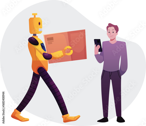 Cartoon robot carries cardboard box, robot transportation, delivery technology, vector flat man with smartphone