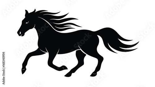 Running horse silhouette with flowing mane isolated on white background