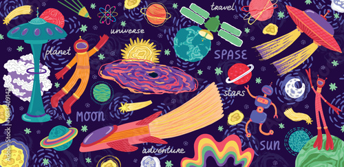 Cute space. Galaxy rocket. Astronaut spaceship. Baby alien shuttle. Childish planets. Children cosmic UFO. Universe discovery. Cosmonaut adventure. Vector doodle astronomy stickers