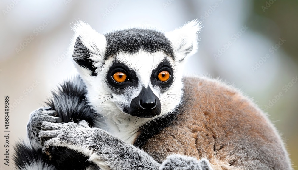 Obraz premium Close-up view of a ring-tailed lemur, showcasing intricate details of its fur and expressive eyes.