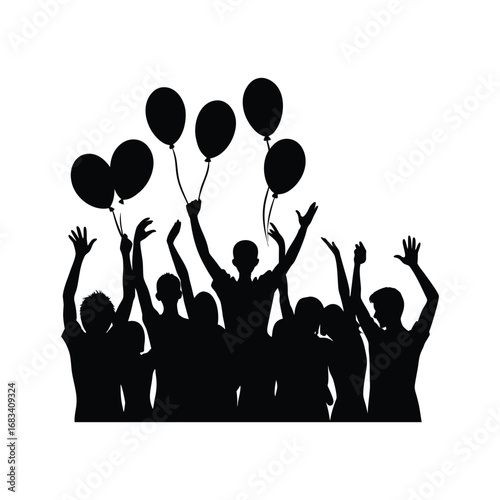 Party crowd cheering with balloons silhouette isolated on white background