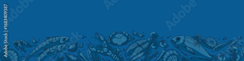 Fish pattern. Seafood restaurant menu for Mediterranean sea food market. Seamless sketch engraving ocean border. Gourmet lobster. Salmon steak. Delicacy culinary. Vector blue background