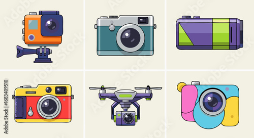 Vector SVG Illustration Set of Cameras and Drone in Flat Modern Style with Bright Colors