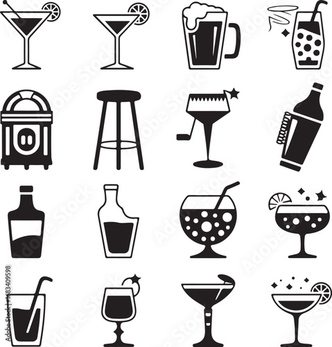 Assortment of alcoholic and non-alcoholic beverage icons cocktail martini