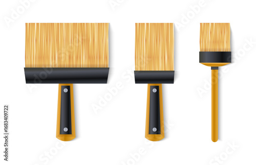 Repair tools. House construction equipment. Professional repairman painting brush bristle. Carpentry roller. Decorator instrument. Building renovation. Vector realistic objects set