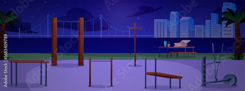 Street workout area at night vector flat illustration, physical activity sport equipment on river shore and cityscape