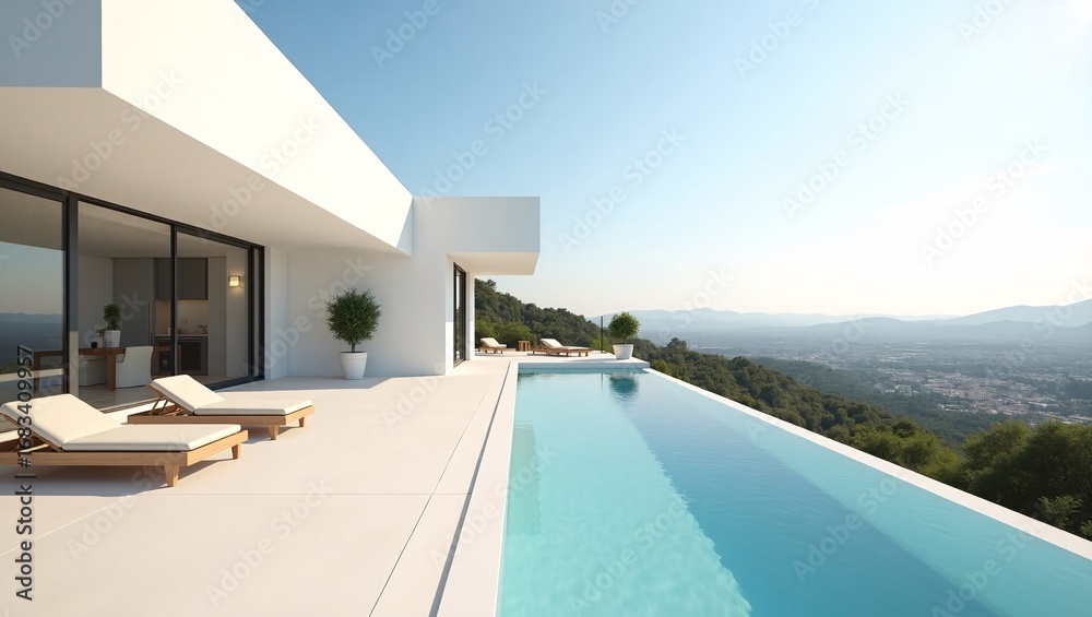 Fototapeta premium A modern villa with an infinity pool, offering a panoramic view of mountains and a city.