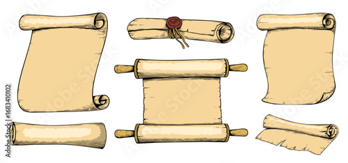 Ancient books. Parchment scroll color sketch drawing. Old rolls. Antique document. Vintage manuscript. Medieval message letter. Engraving elements. Historical curled pages vector set