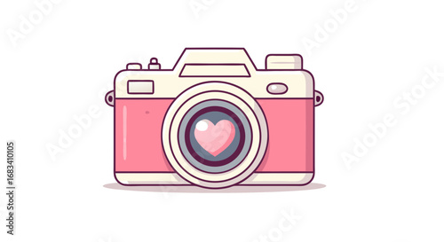 Cute Vector SVG Illustration of a Pink Camera with Heart Lens in Modern Flat Style for Digital Media and Web Design