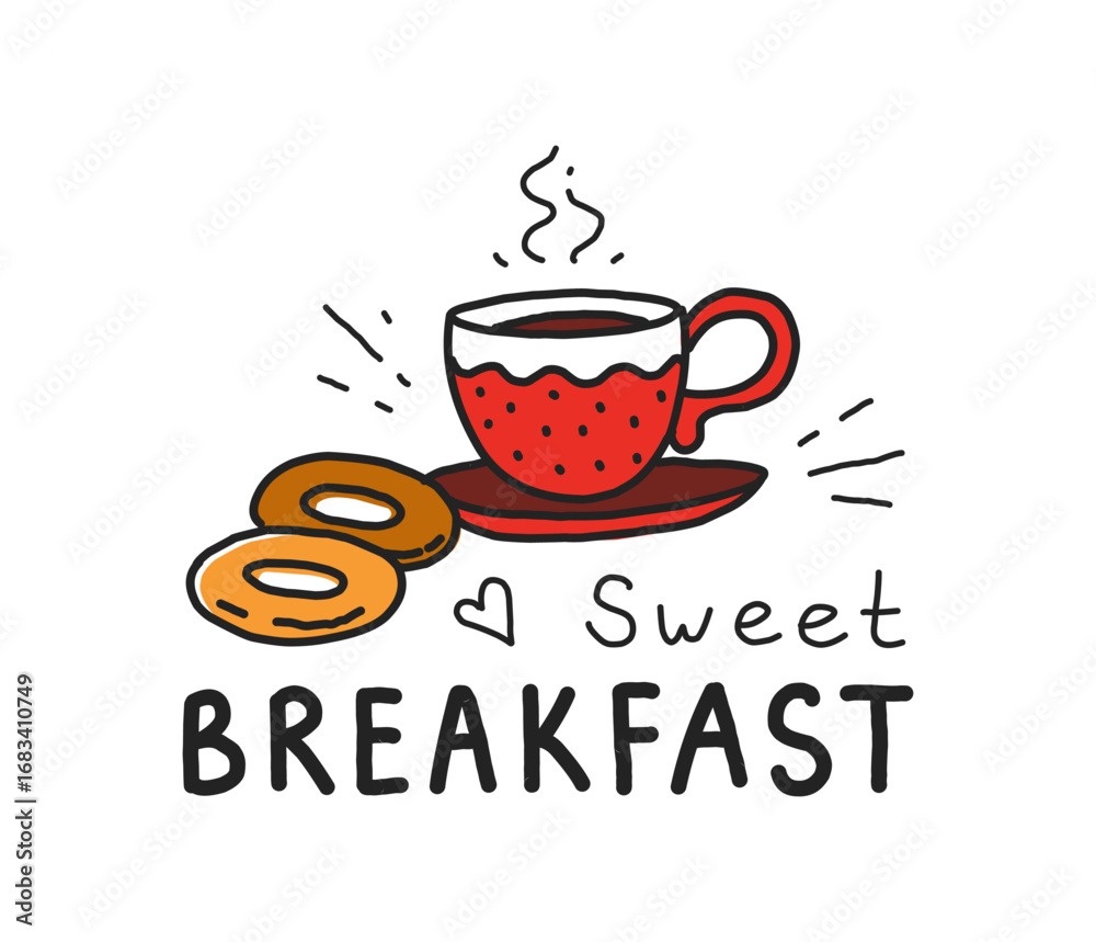 Obraz premium Traditional cake logo. Sweet breakfast line drawing. Coffee cup with saucer. Tasty bagel. Fresh pastry and morning hot drink. Caffeine beverage. Vector cafe sketch emblem design template