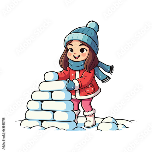 A happy little girl in warm winter clothes plays with freshly fallen snow