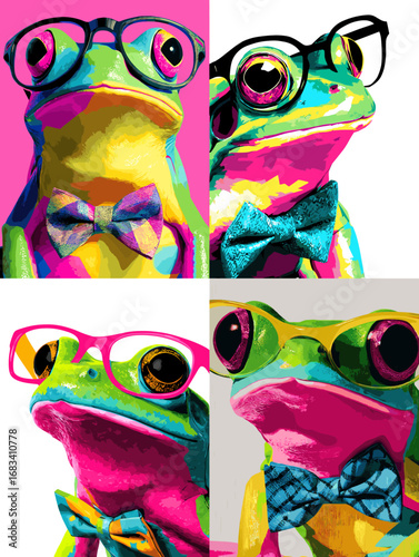 Pop art style frogs with colorful bow ties and glasses, blending vibrant animal illustration with quirky modern artistic fashion.