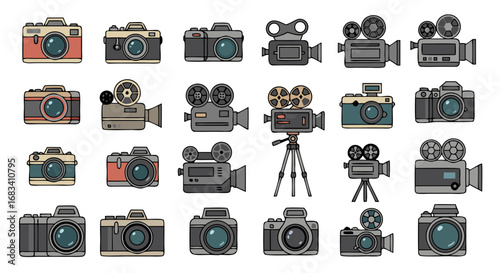 Vector SVG Icon Set of Camera Equipment and Film Projectors in Flat Design Style with Neutral Color Palette