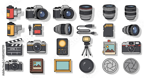 Vector SVG Icon Set of Photography Equipment and Camera Accessories in Modern Flat Design with Bright Colors