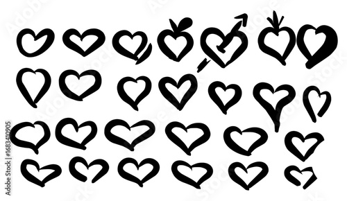 This image shows a collection of uniquely hand-drawn heart shapes in black ink, set against a white background, evoking a sense of artistic expression and heartfelt emotion