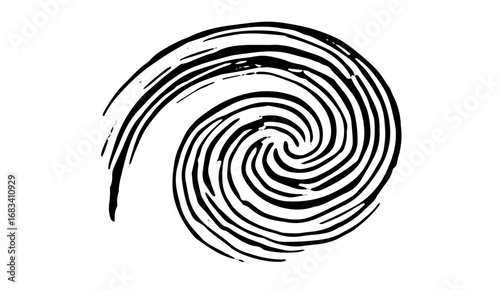 A dynamic black-and-white illustration features a spiraling, hypnotic vortex shape with bold, textured lines emanating from a central point, creating an eye-catching visual effect