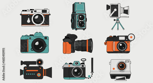 Vector SVG Icon Set of Cameras and Photography Equipment in Flat Design Style with Bright Color Palette