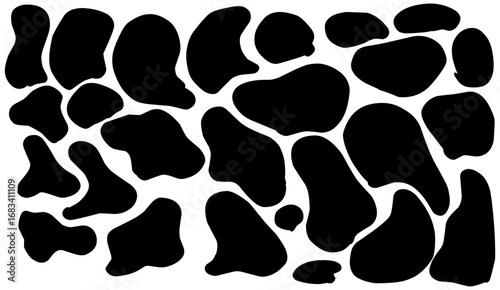 A captivating monochrome pattern features abstract, irregular black shapes scattered across a bright white backdrop, creating a visually striking, modern aesthetic effect with distinct forms