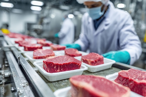 Meatpacking Plant Worker Placing Beef Steaks on Conveyor Belt.