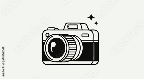 Vector Minimalist Black and White SVG Icon of Camera with Sparkles in Flat Design Style
