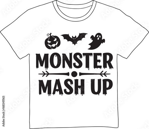 Funny monster mash up halloween t shirt design with pumpkin bat and ghost isolated on white background