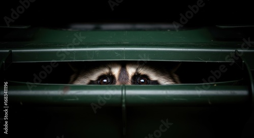 Raccoon eyes peering out from a green trash can in the dark of the night