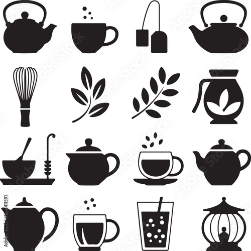 Assortment of tea and beverage preparation icons in silhouette teapot teacup