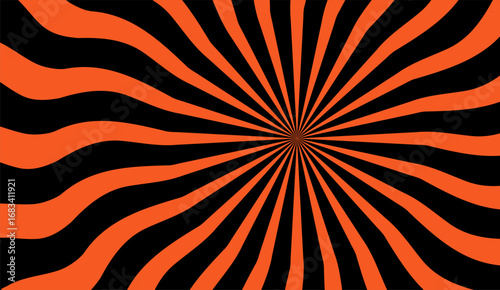 Vibrant orange and black radial burst pattern emanates from a central point, creating a dynamic, wavy, and visually striking abstract design with a retro and modern feel