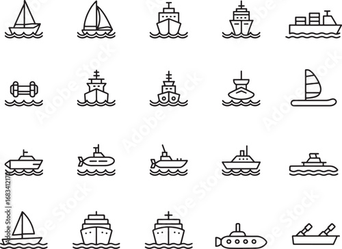 Sea Adventure Vector Icon Set, Adjustable Line Weight, Boat, yacht, sail, ship, submarine, cruise, rowing, sailing, ocean travel