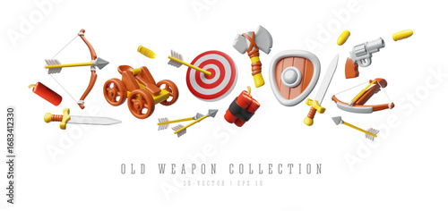 Old weapon collection, 3D cartoon plastic style vector set, volume catapult, axe, sword, bow, revolver, dynamite bullet