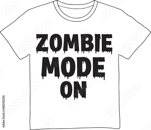 Black and white graphic t shirt with zombie mode on text isolated on white background