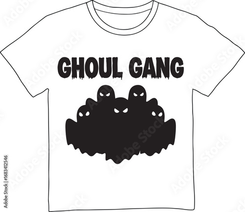 White t shirt with ghoul gang graphic and spooky ghost illustration isolated on white background