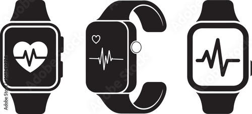 Smartwatch Vector Icon Set: Fitness tracker, pulse, heartbeat, ECG, medical, exercise, activity tracker icons