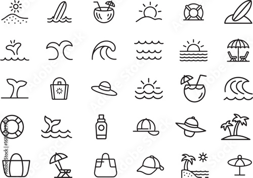 Vacation and Travel Vector Icon Set: Sun, surfboard, coconut, palm tree, lifebuoy, seashell, beach bag, cap, sunscreen, and wave icons