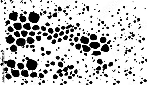 The graphic image features a dynamic array of black spots and blobs scattered across a clean white background, creating a visually engaging and modern abstract design.