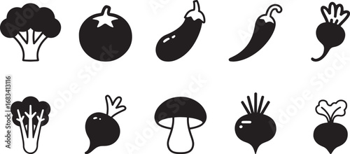 Vegetable Vector Icons: A Set of Broccoli, Tomato, Eggplant, and Pepper, Mushroom, Beet, and Turnip Silhouettes