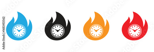 Captures the essence of urgent deadlines and critical timeframes with vibrant, fiery clock icons in multiple colors. Perfect for conveying speed, pressure, and immediate action.
