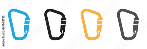 Four carabiners of different colors isolated on white background