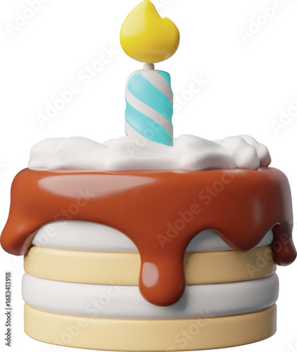 Birthday cake with burning candle 3D cartoon plastic style, vector celebration creamy dessert covered by chocolate glaze