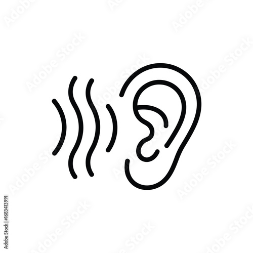 Simple line art icon of an ear receiving sound waves