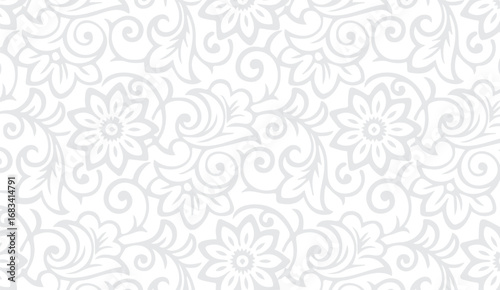 Elegant light gray floral pattern on a white background features intricate swirls, stylized flowers, and leaf shapes creating a refined and classic ornamental design