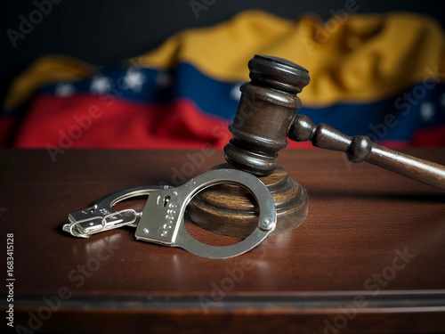 Judge's gavel with handcuffs and the Venezuelan flag